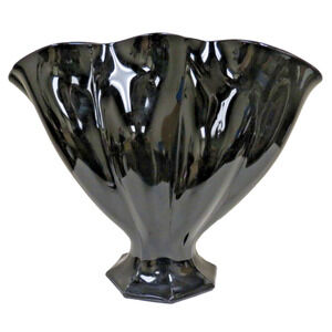 MCM Black Glass Fan Vase - Vintage Mid Century Modern Ebony Decor 8" x 10"